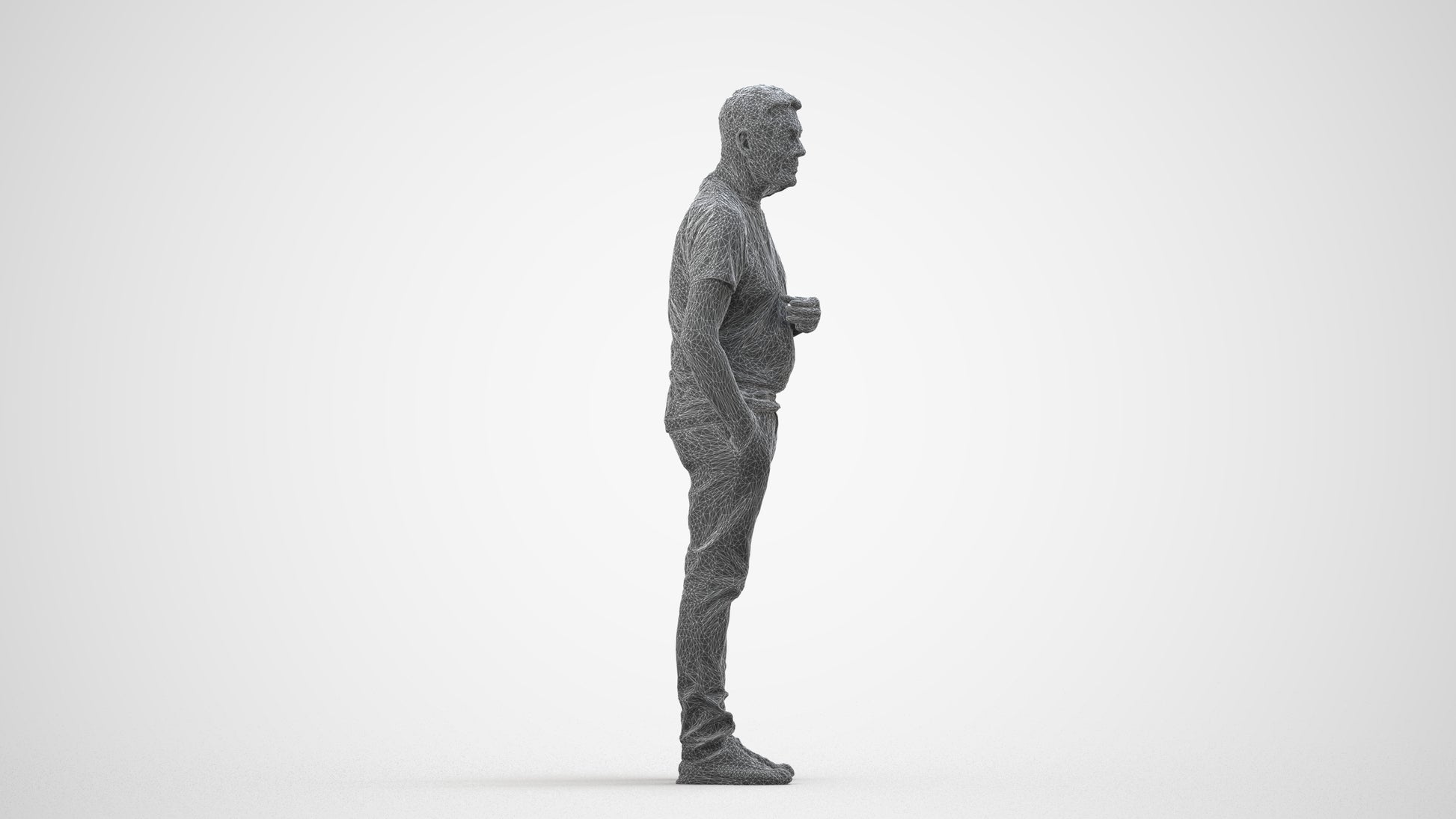 3D human model senior man casual standing, photogrammetry scanned person for archviz, wireframe side view