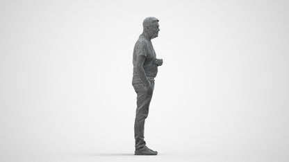 3D human model senior man casual standing, photogrammetry scanned person for archviz, wireframe side view