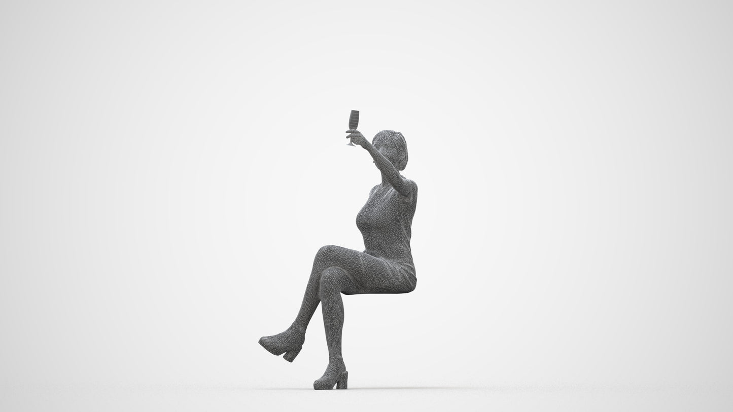 realistic 3D woman sitting, scanned archviz people for Blender and 3ds Max, wireframe back view
