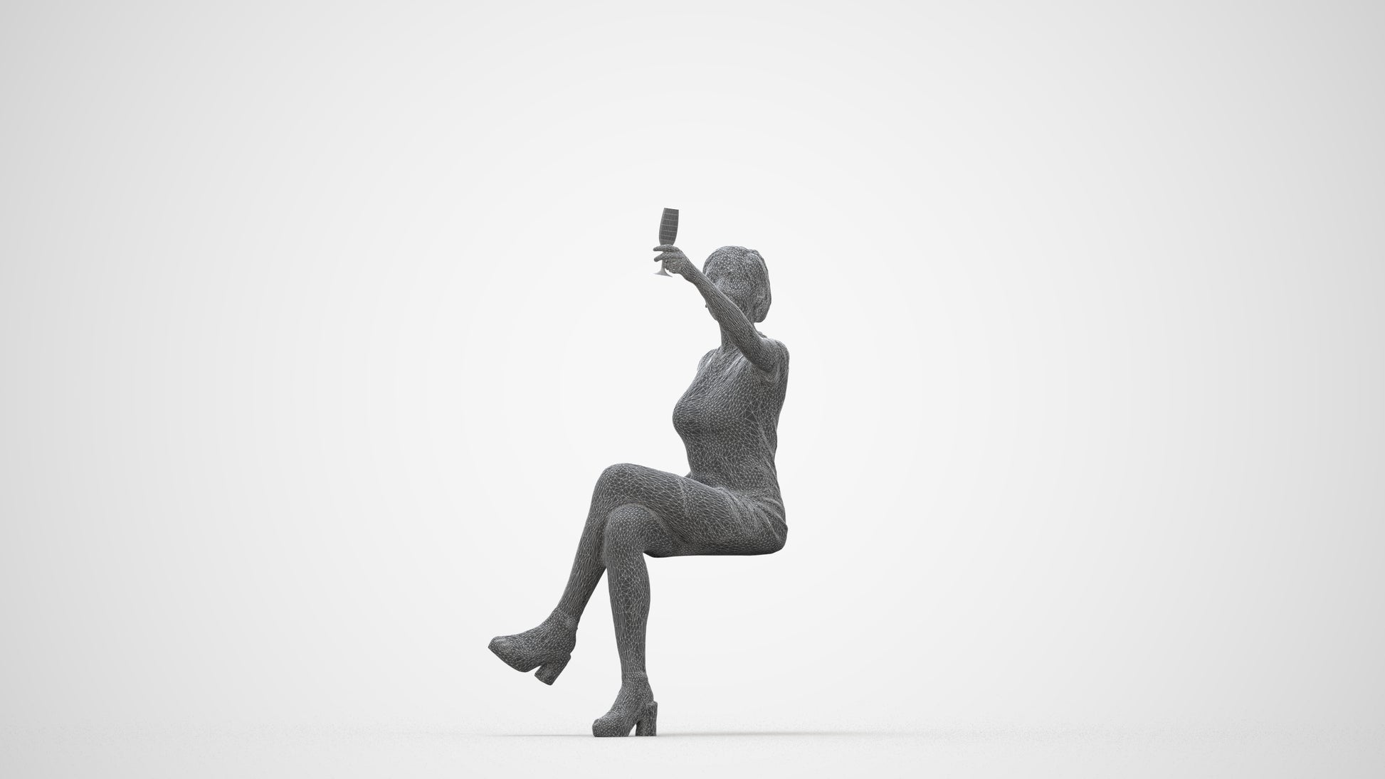 realistic 3D woman sitting, scanned archviz people for Blender and 3ds Max, wireframe back view