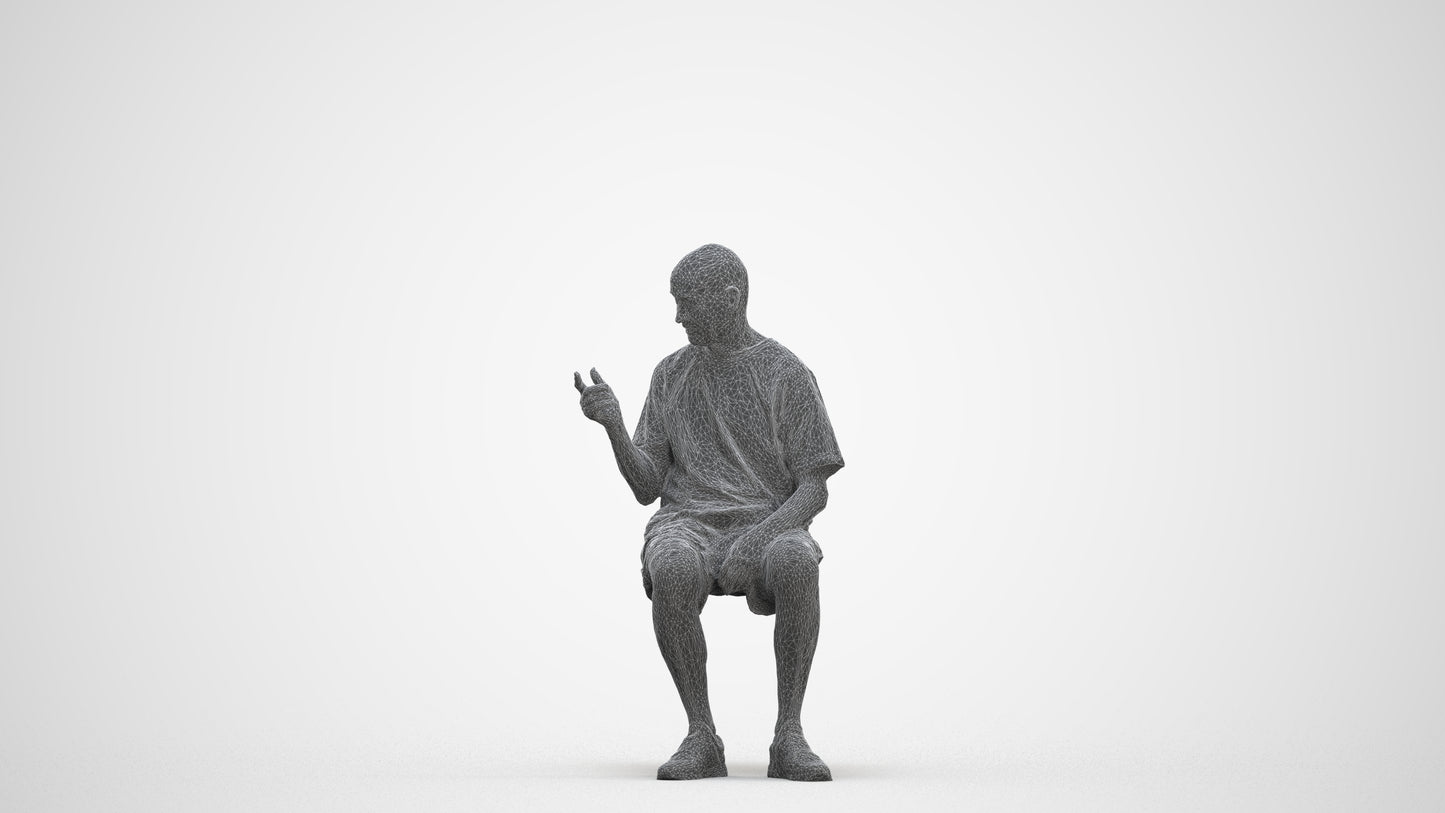 3D scanned senior man sitting casual, photorealistic archviz people for Enscape and SketchUp, three-quarter front view render