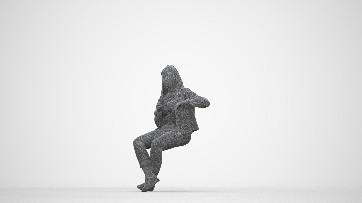 3D people model woman casual sitting, scanned human for 3ds Max rendering, wireframe back view