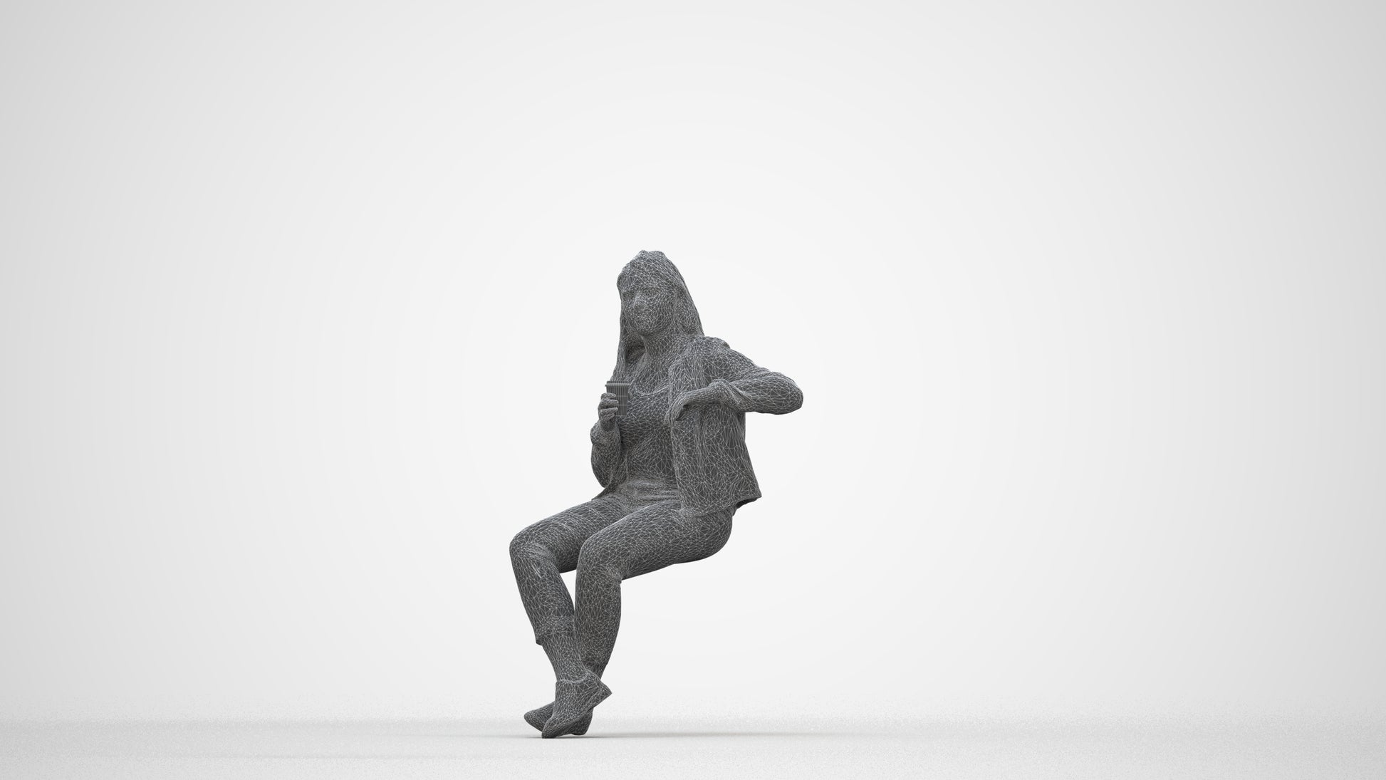 3D people model woman casual sitting, scanned human for 3ds Max rendering, wireframe back view