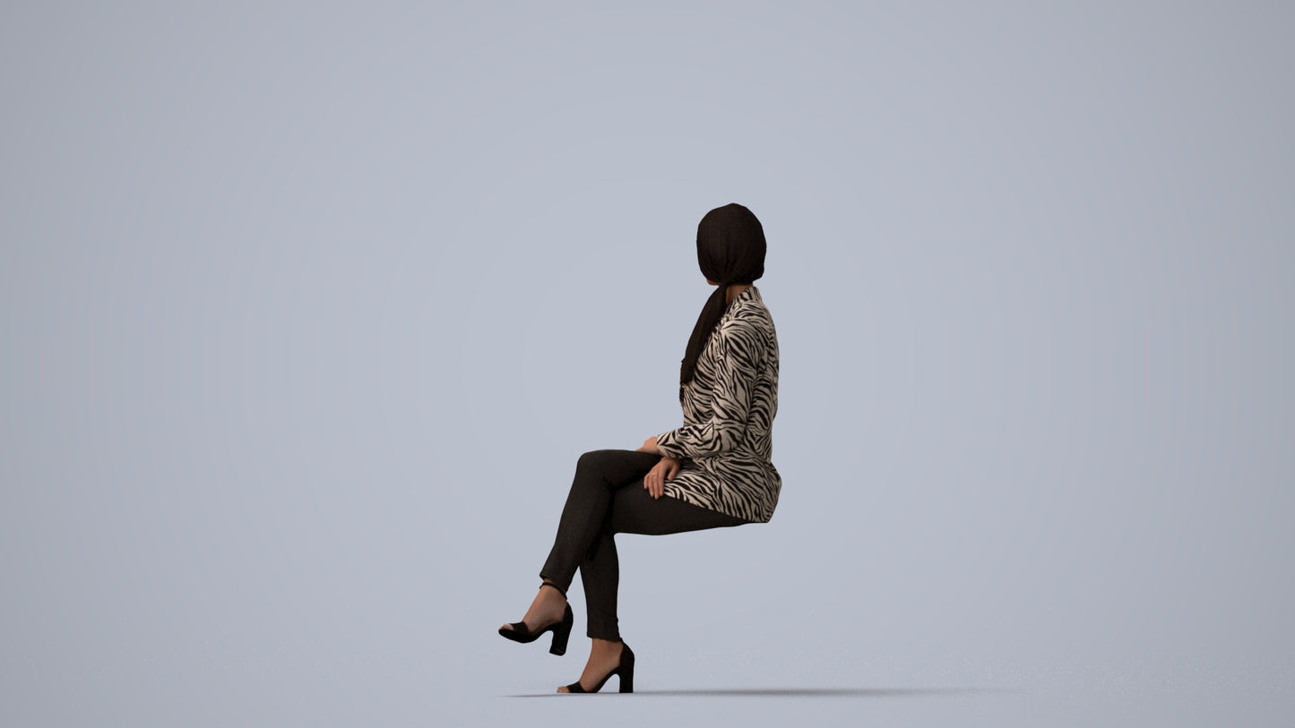 3D scanned woman sitting business, photorealistic archviz people for Enscape and SketchUp, three-quarter view render