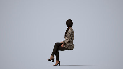 3D scanned woman sitting business, photorealistic archviz people for Enscape and SketchUp, three-quarter view render