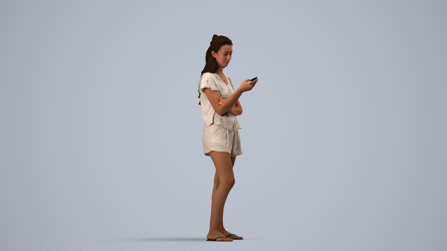 realistic 3D people woman casual standing, render-ready for V-Ray and Corona, FBX OBJ, side view render