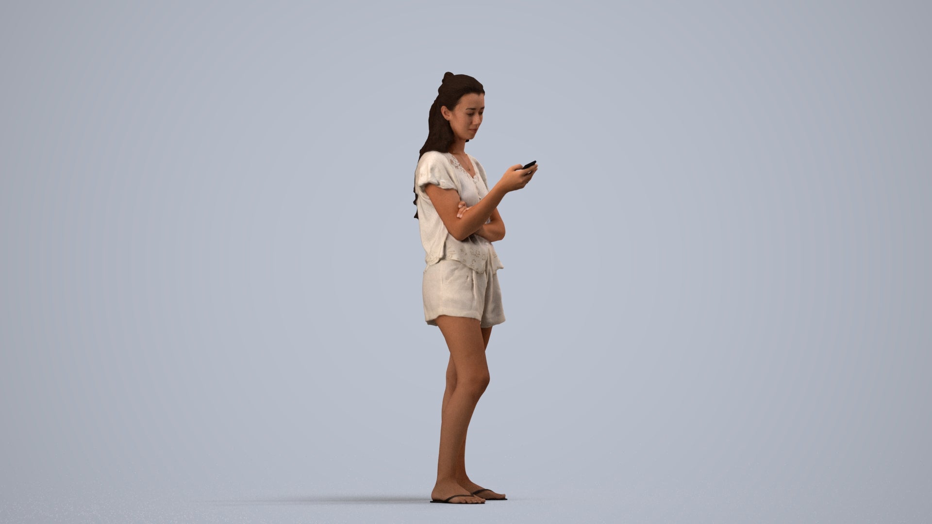 realistic 3D people woman casual standing, render-ready for V-Ray and Corona, FBX OBJ, side view render