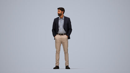 3D human model man business, photogrammetry scanned person for archviz, top-down view render