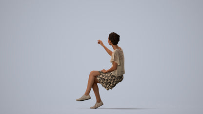 3D human model woman casual sitting, photogrammetry scanned person for archviz, three-quarter view render