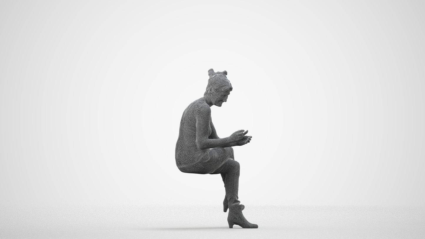 3D people model senior woman casual sitting, scanned human for 3ds Max rendering, wireframe side view