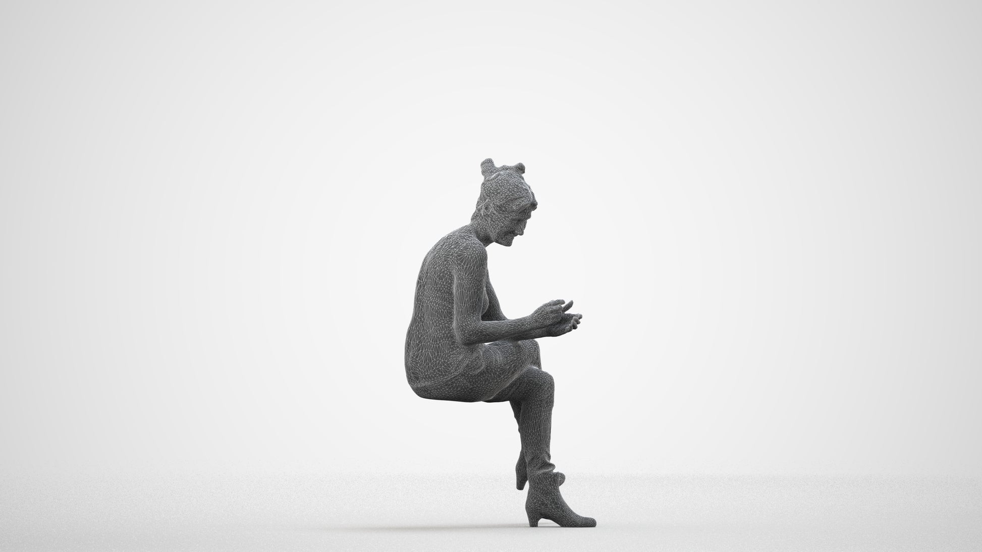 3D people model senior woman casual sitting, scanned human for 3ds Max rendering, wireframe side view