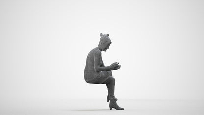 3D people model senior woman casual sitting, scanned human for 3ds Max rendering, wireframe side view