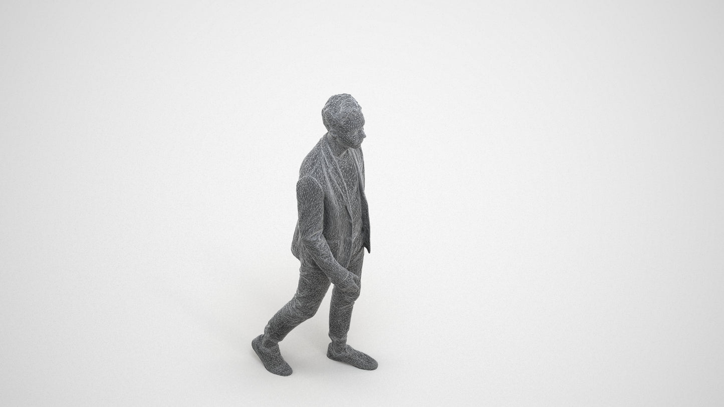 3D scanned man walking business, photorealistic archviz people for Enscape and SketchUp, wireframe three-quarter view