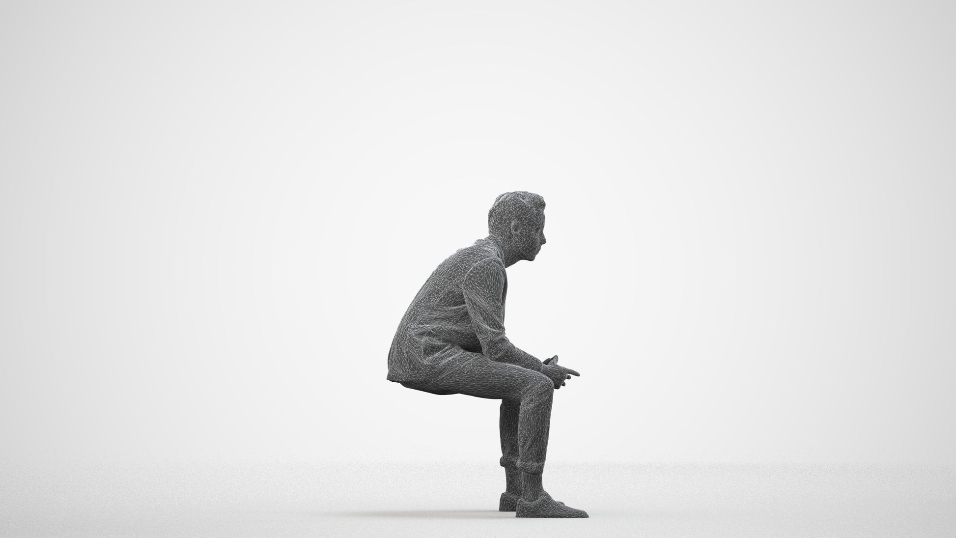 photogrammetry 3D man business sitting, realistic human model archviz FBX, wireframe side view