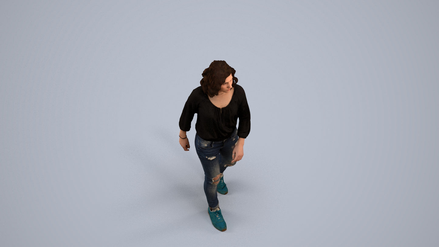 realistic 3D human woman casual walking, archviz people FBX OBJ for Blender, back view render