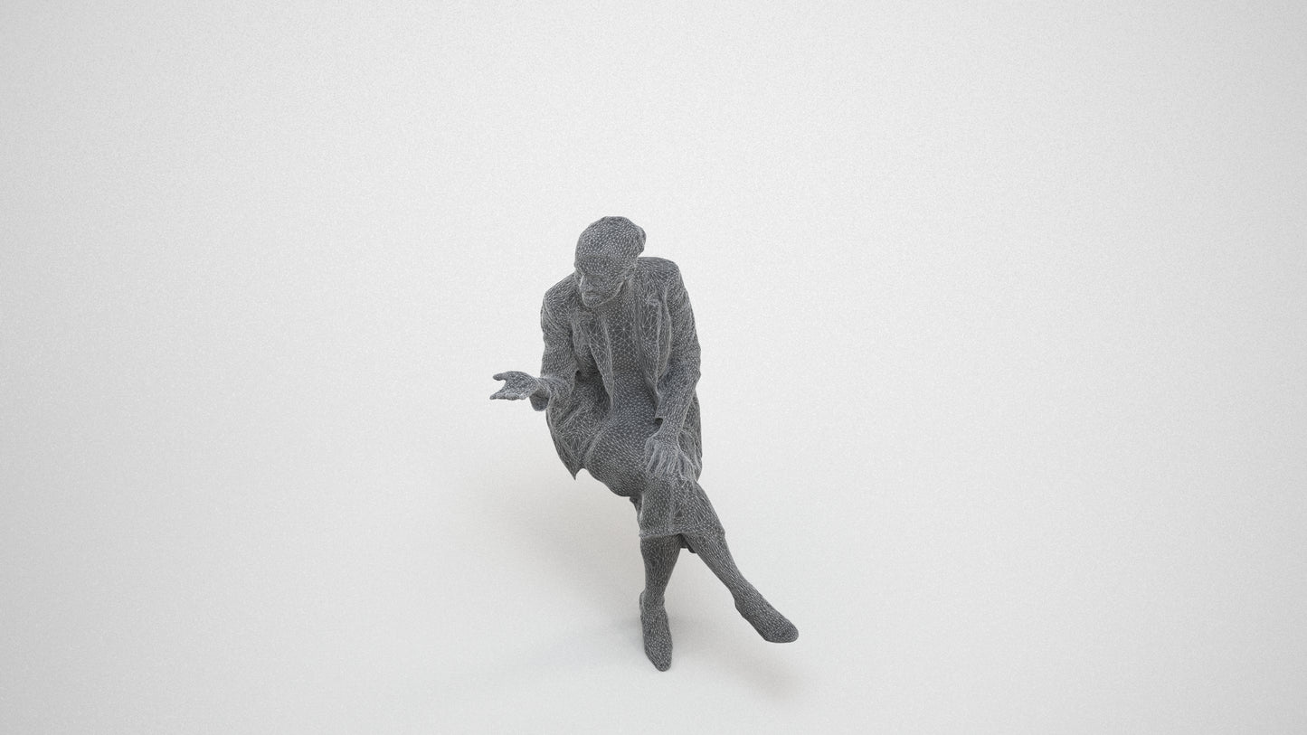 3D human model woman business sitting, photogrammetry scanned person for archviz, wireframe three-quarter view