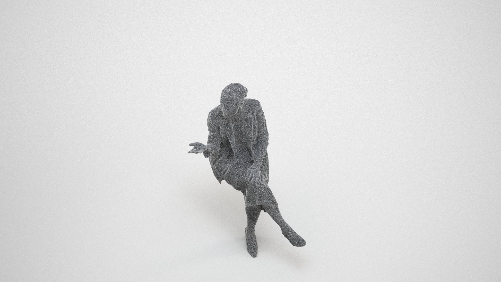 3D human model woman business sitting, photogrammetry scanned person for archviz, wireframe three-quarter view
