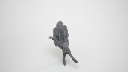 3D human model woman business sitting, photogrammetry scanned person for archviz, wireframe three-quarter view