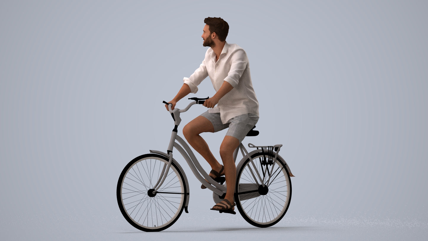 3D scanned man cycling casual, photorealistic archviz people for Enscape and SketchUp, three-quarter view render