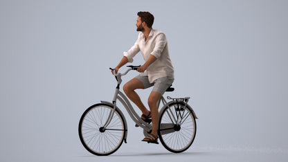 3D scanned man cycling casual, photorealistic archviz people for Enscape and SketchUp, three-quarter view render