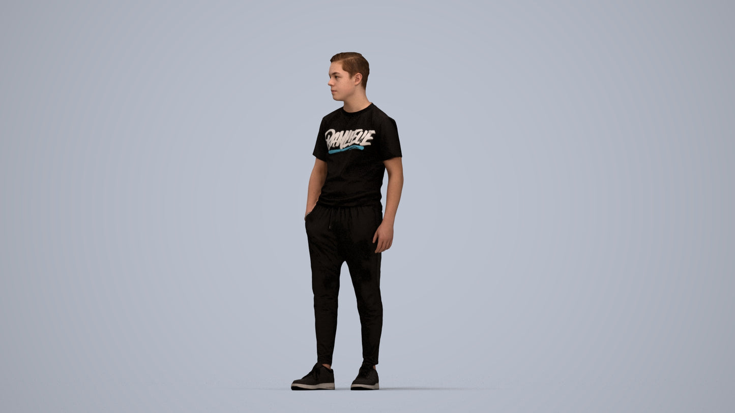 photogrammetry 3D boy casual kids, realistic human model archviz FBX, top-down view render