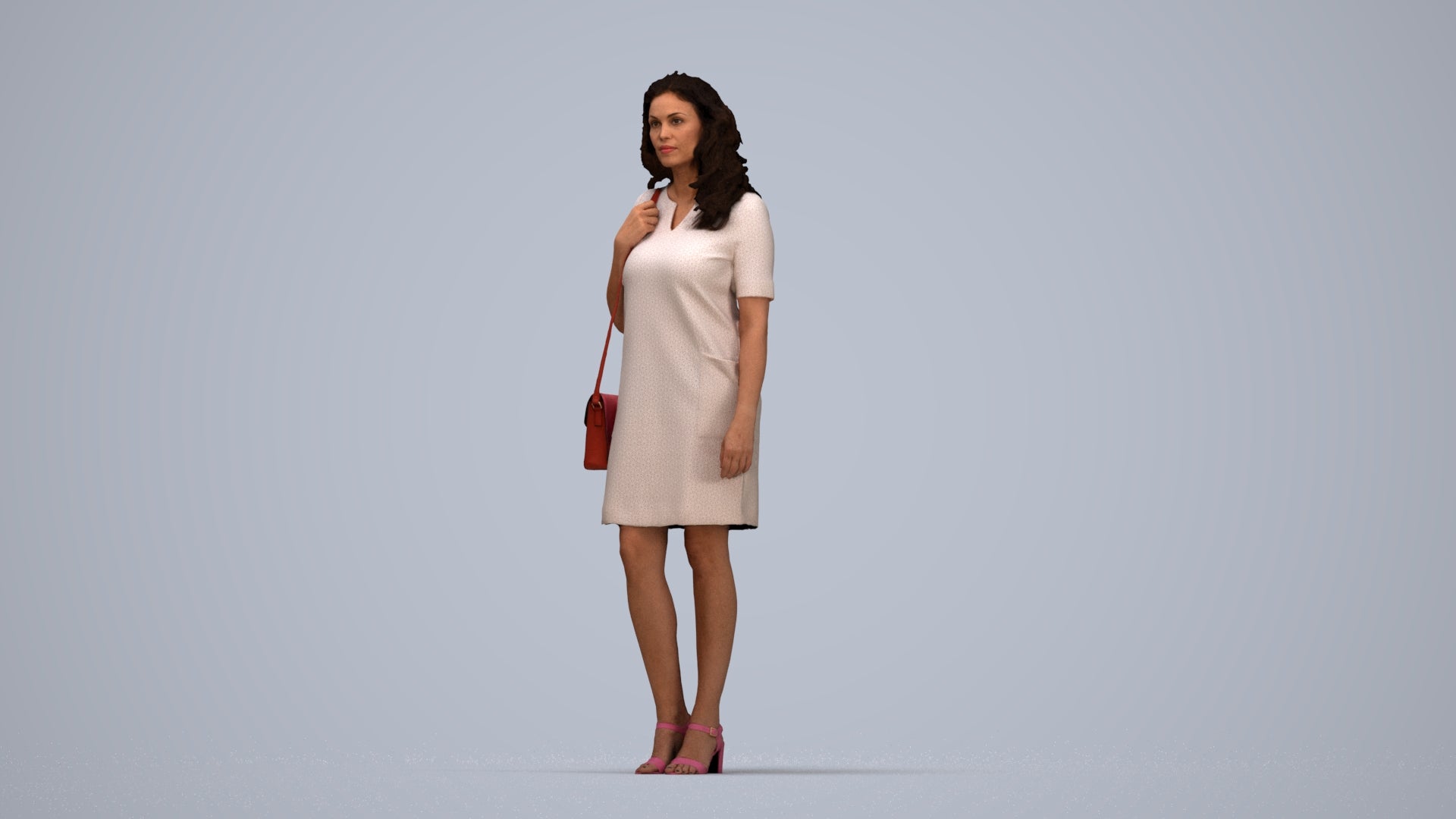 realistic 3D woman business standing, scanned archviz people for Blender and 3ds Max, top-down view render