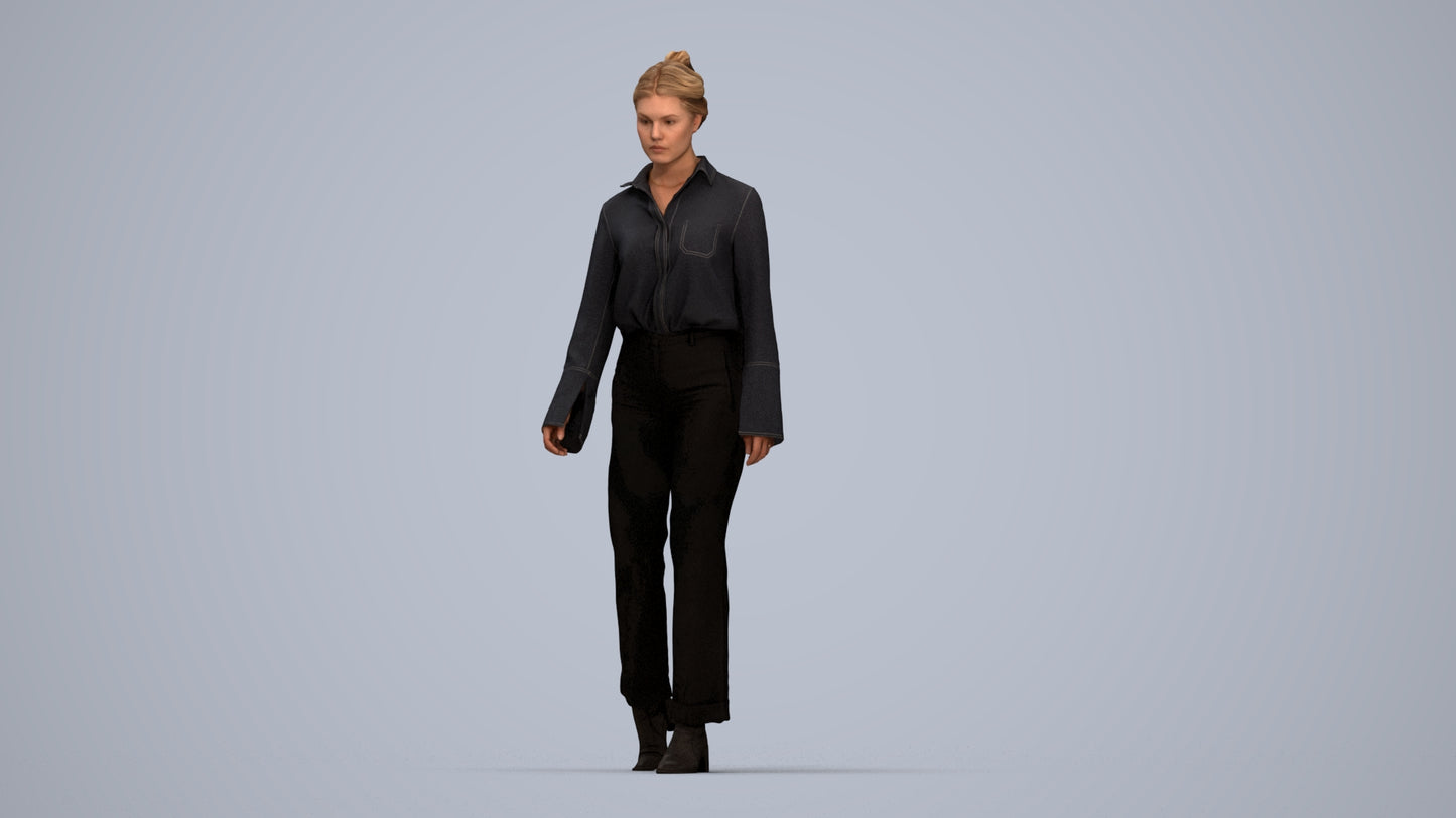 3D human model woman business walking, photogrammetry scanned person for archviz, top-down view render
