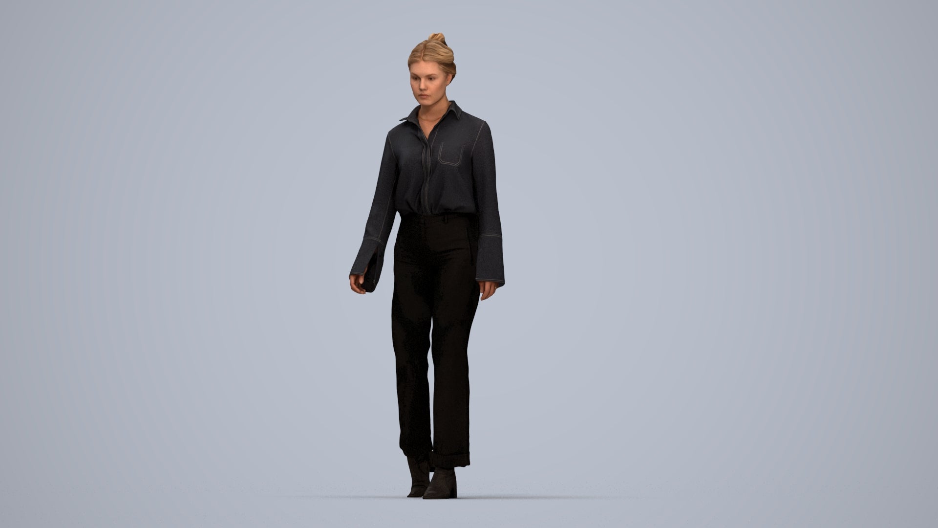 3D human model woman business walking, photogrammetry scanned person for archviz, top-down view render