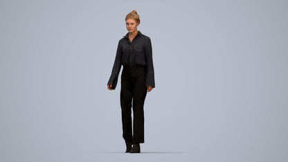 3D human model woman business walking, photogrammetry scanned person for archviz, top-down view render