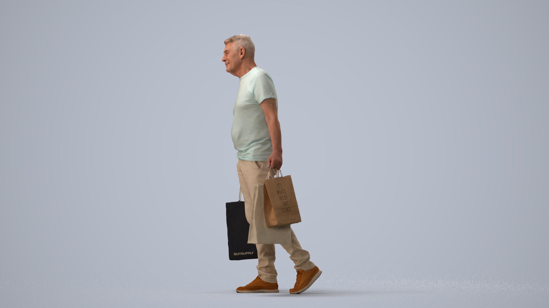 photogrammetry 3D senior man casual shopping, realistic human model archviz FBX, three-quarter view render