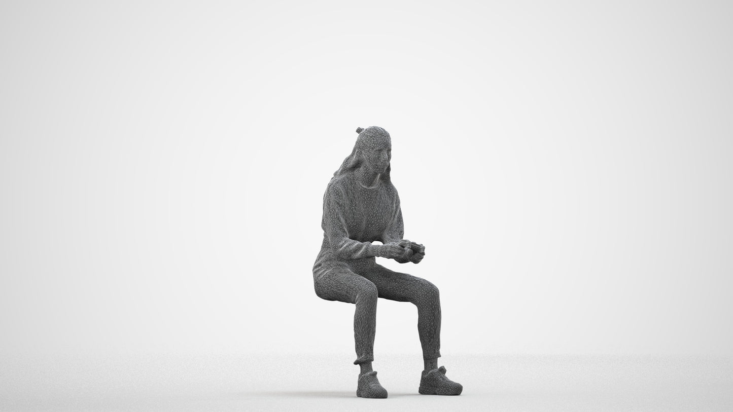 3D scanned woman sitting, photorealistic archviz people for Enscape and SketchUp, wireframe side view