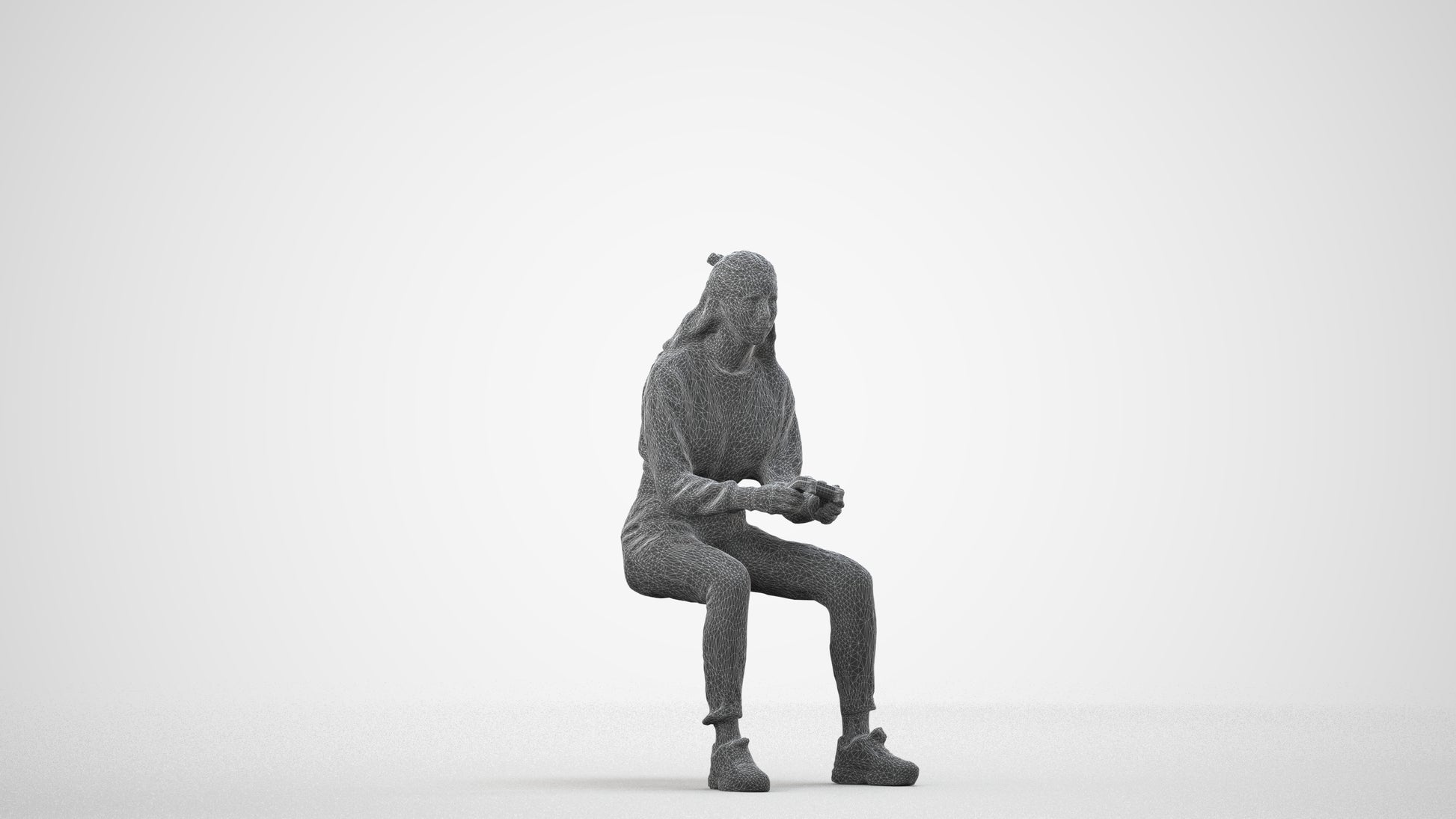 3D scanned woman sitting, photorealistic archviz people for Enscape and SketchUp, wireframe side view