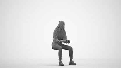 3D scanned woman sitting, photorealistic archviz people for Enscape and SketchUp, wireframe side view