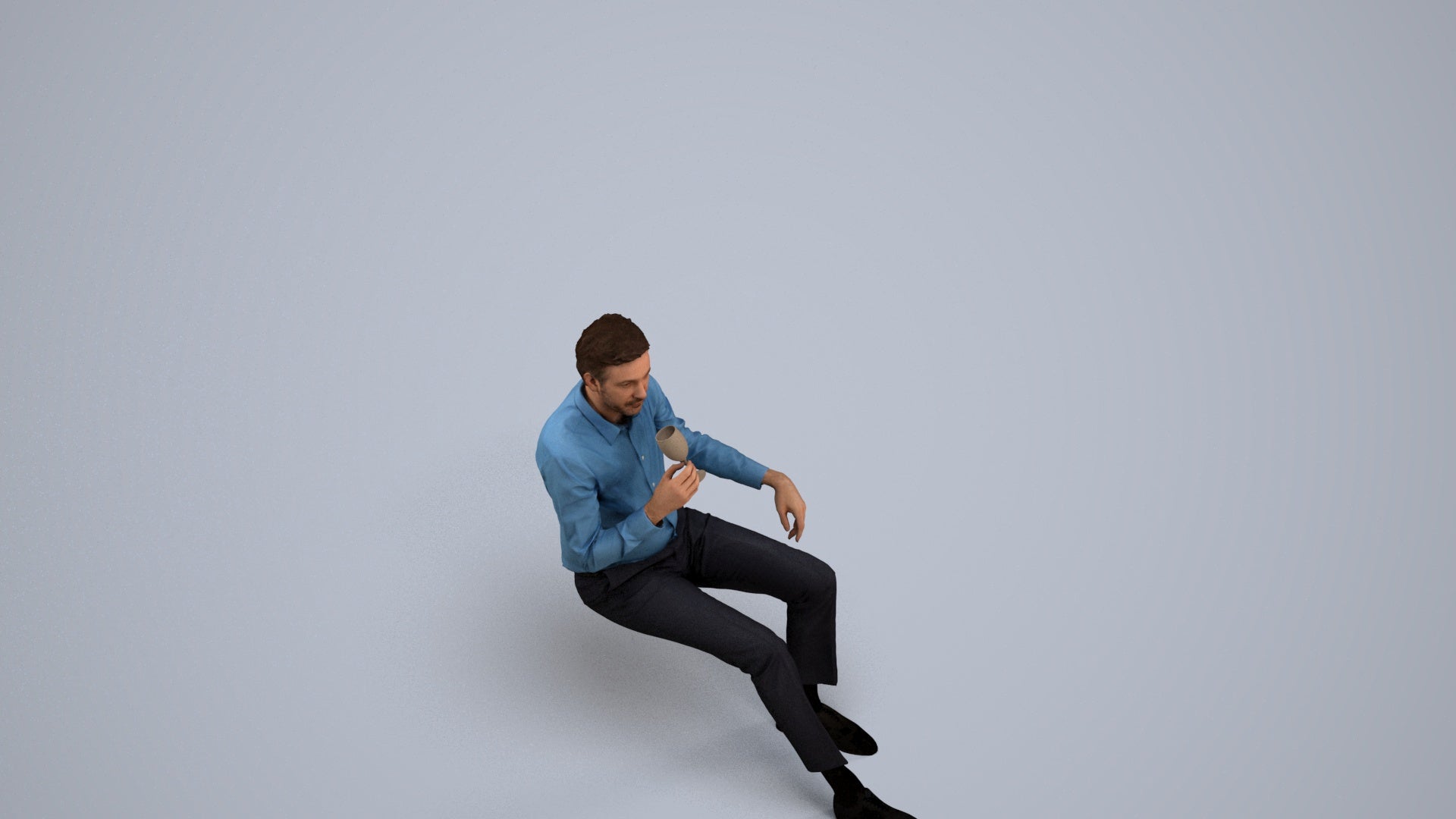 3D human model man business sitting, photogrammetry scanned person for archviz, back view render