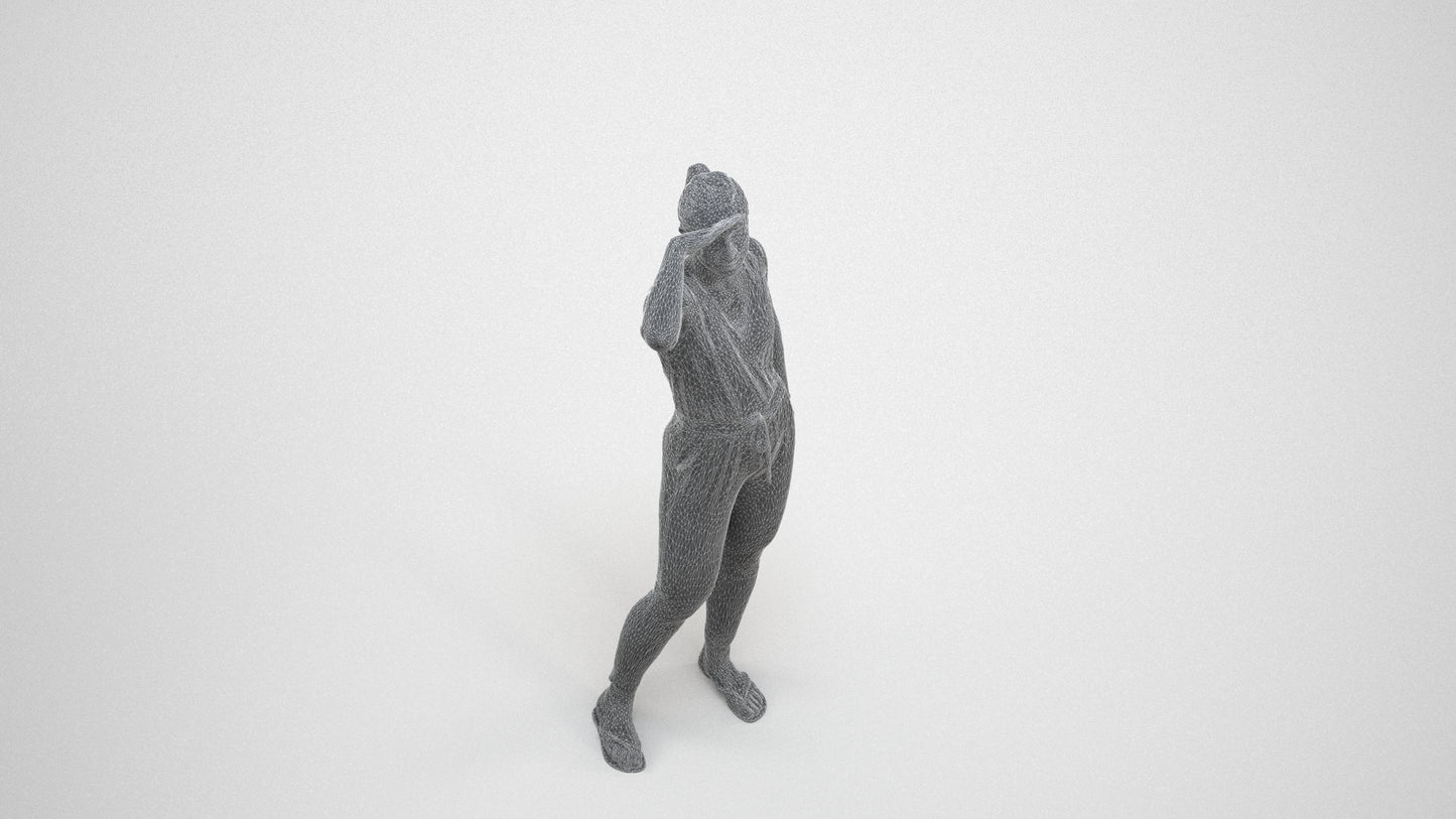 realistic 3D woman casual standing, scanned archviz people for Blender and 3ds Max, wireframe three-quarter view