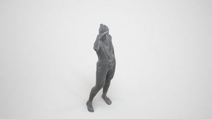 realistic 3D woman casual standing, scanned archviz people for Blender and 3ds Max, wireframe three-quarter view