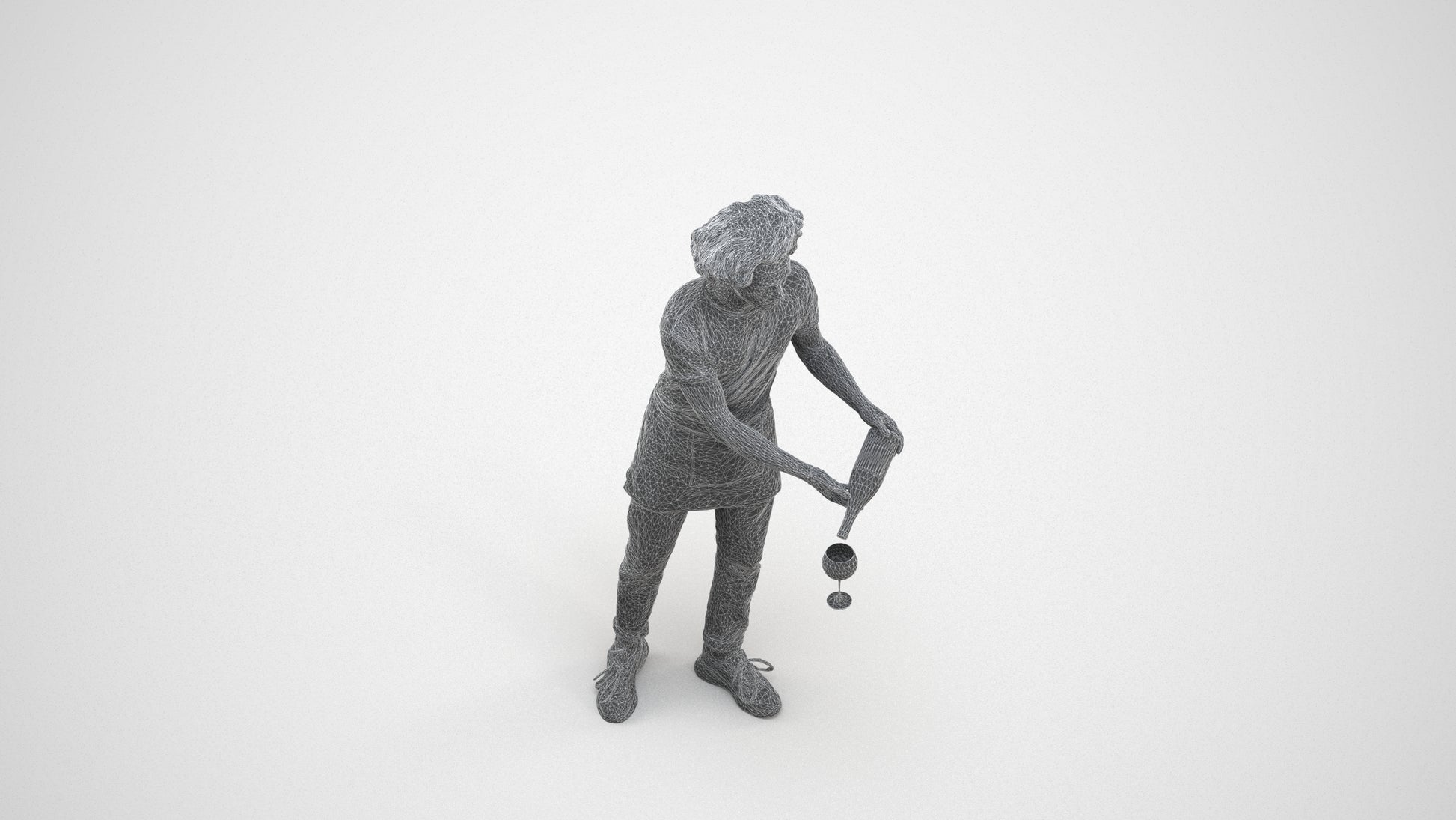 realistic 3D human man hospitality, archviz people FBX OBJ for Blender, wireframe three-quarter view