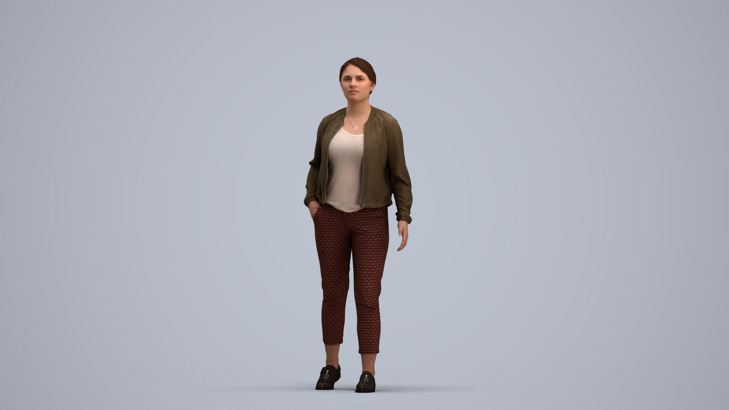 3D human model woman casual walking, photogrammetry scanned person for archviz, standing pose render