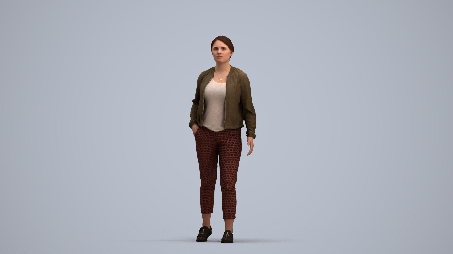 3D human model woman casual walking, photogrammetry scanned person for archviz, standing pose render