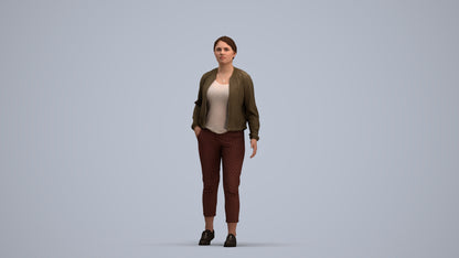 3D human model woman casual walking, photogrammetry scanned person for archviz, standing pose render