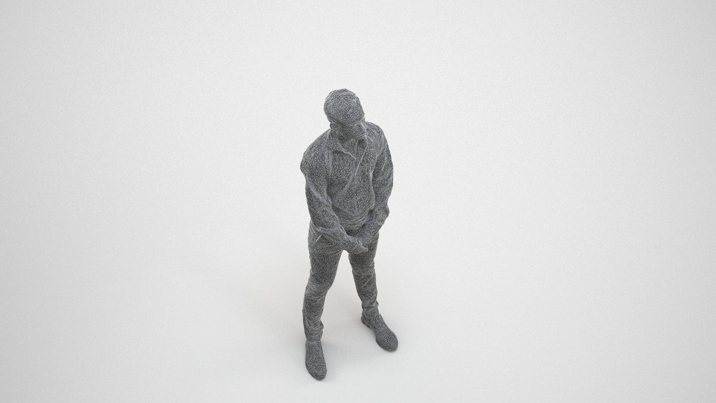 photogrammetry 3D man business standing, realistic human model archviz FBX, wireframe three-quarter view