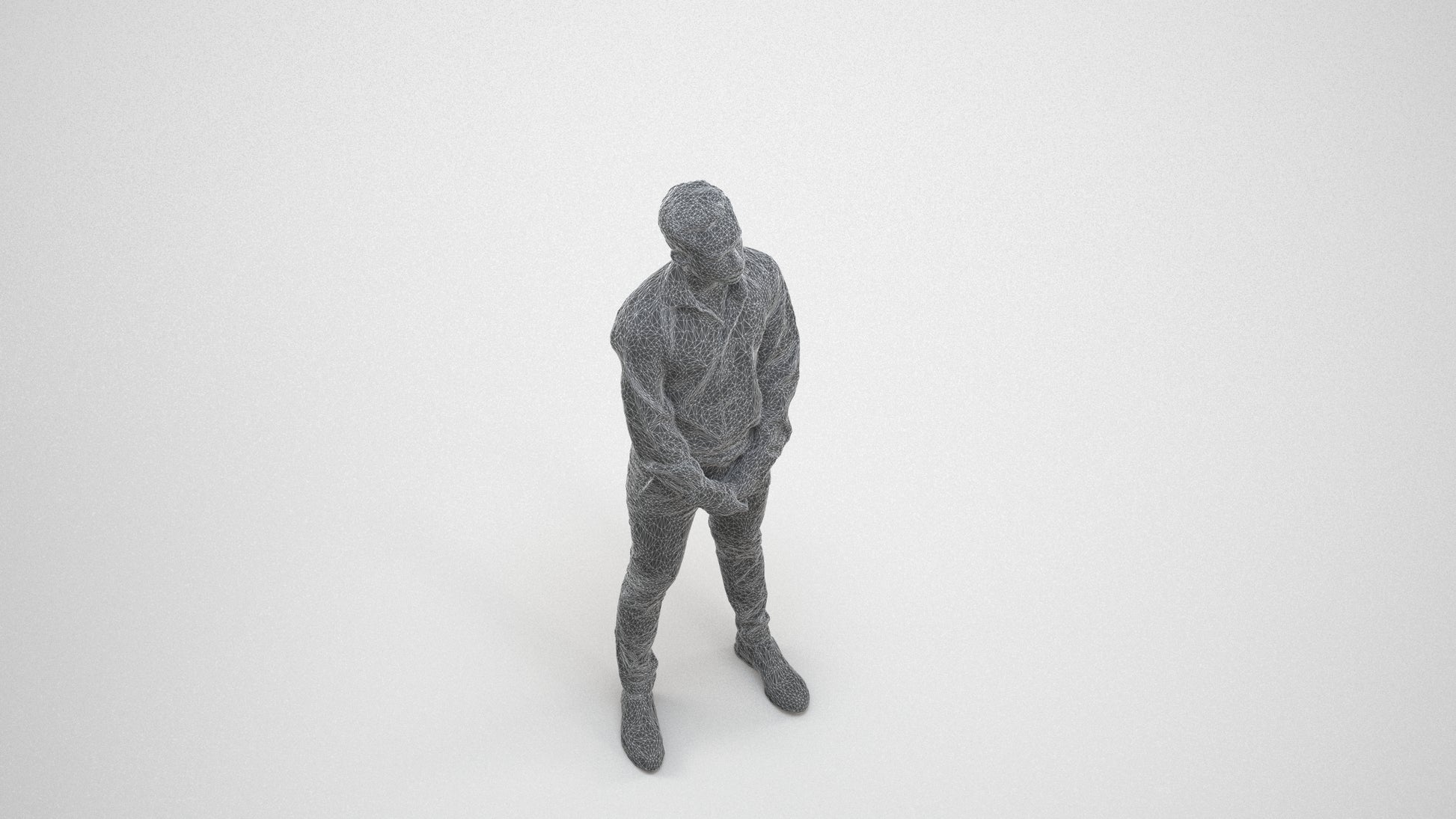 photogrammetry 3D man business standing, realistic human model archviz FBX, wireframe three-quarter view