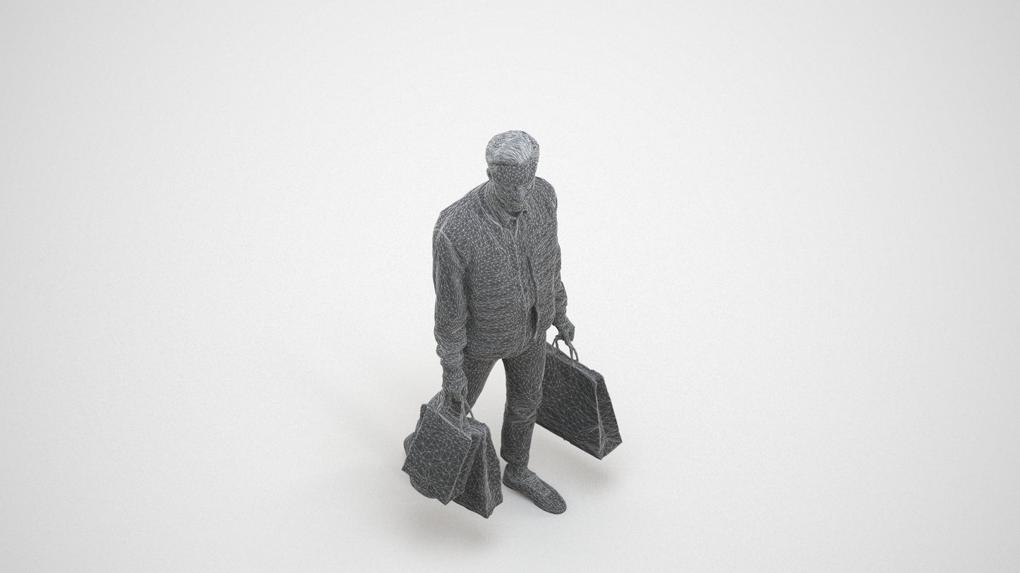 3D human model man casual formal, photogrammetry scanned person for archviz, wireframe three-quarter view