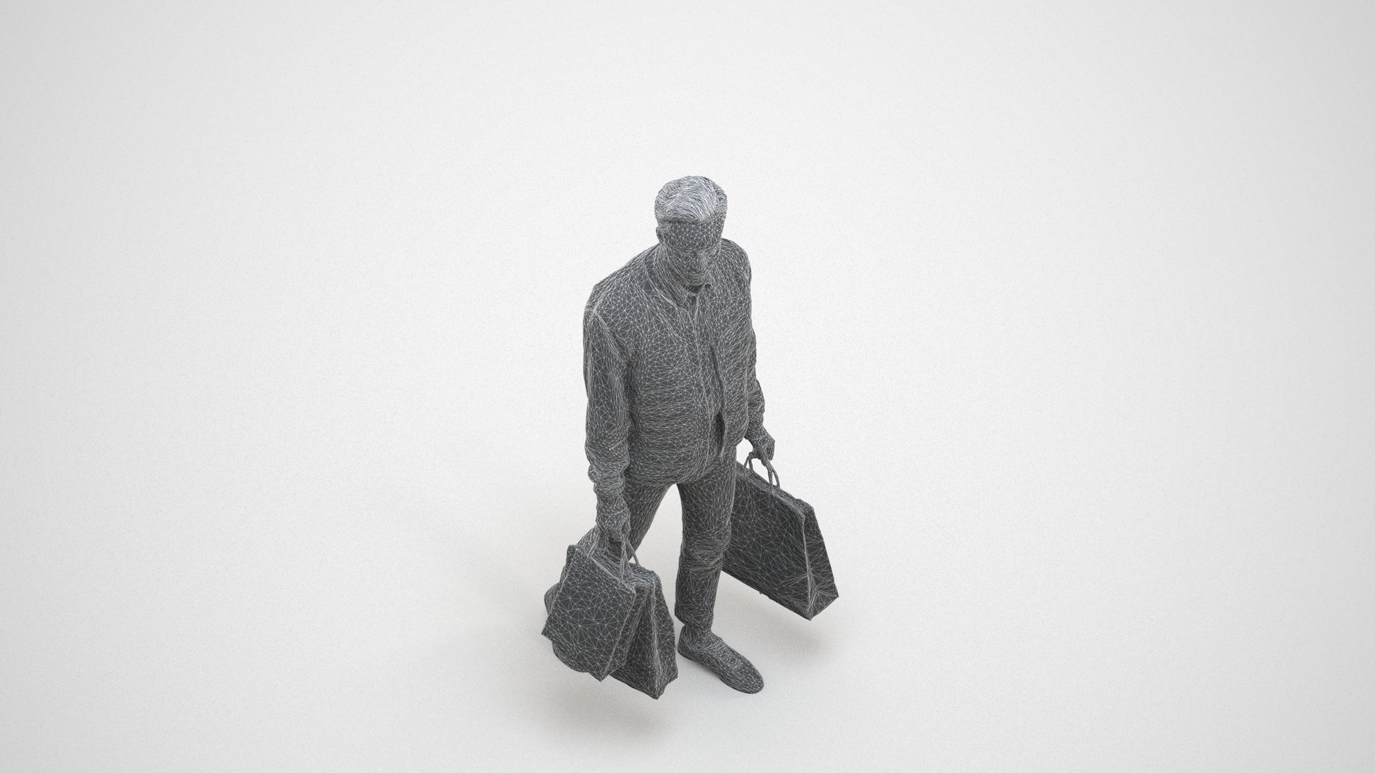 3D human model man casual formal, photogrammetry scanned person for archviz, wireframe three-quarter view