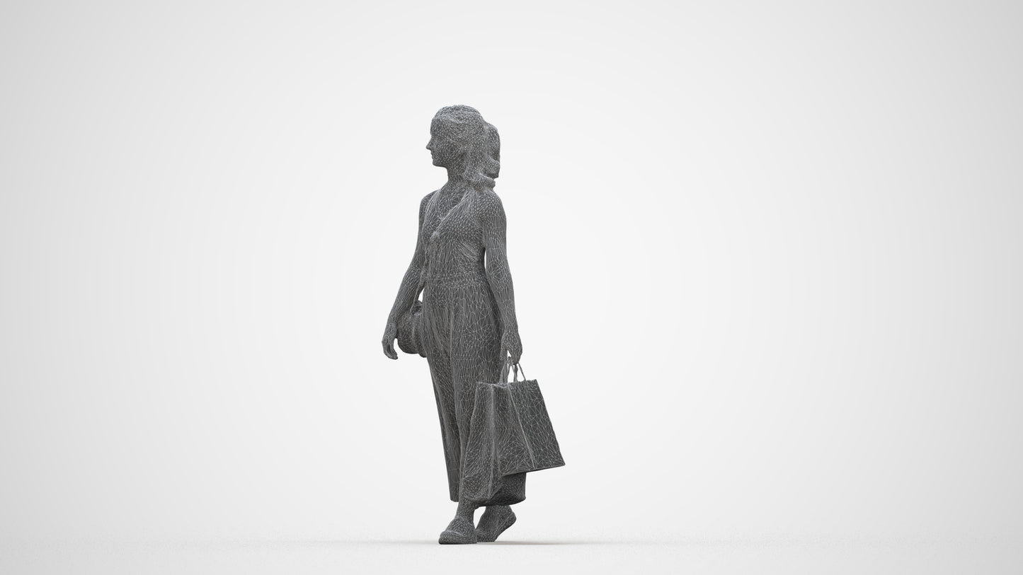 3D people model girl casual shopping, scanned human for 3ds Max rendering, wireframe back view