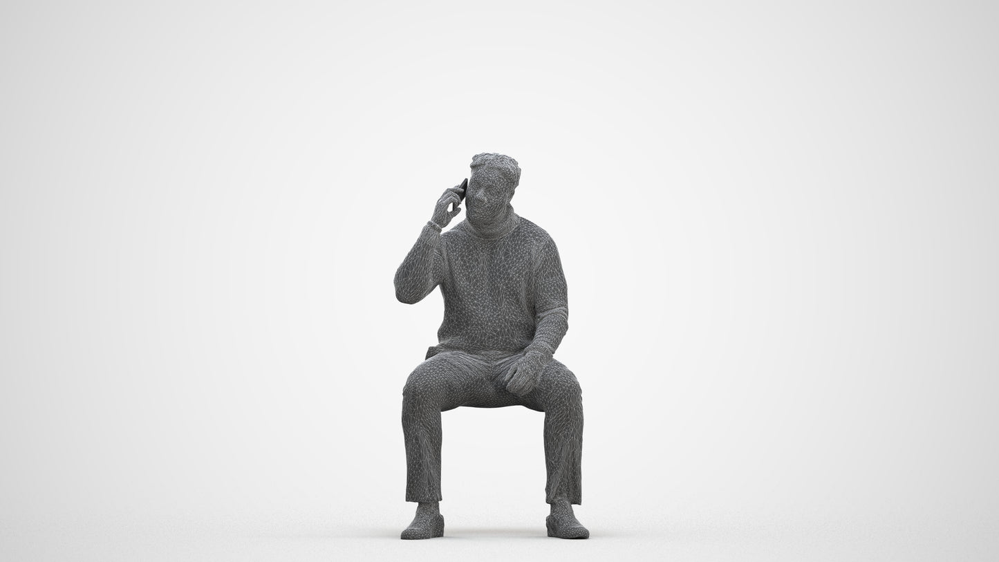 3D human model man casual sitting, photogrammetry scanned person for archviz, three-quarter front view render