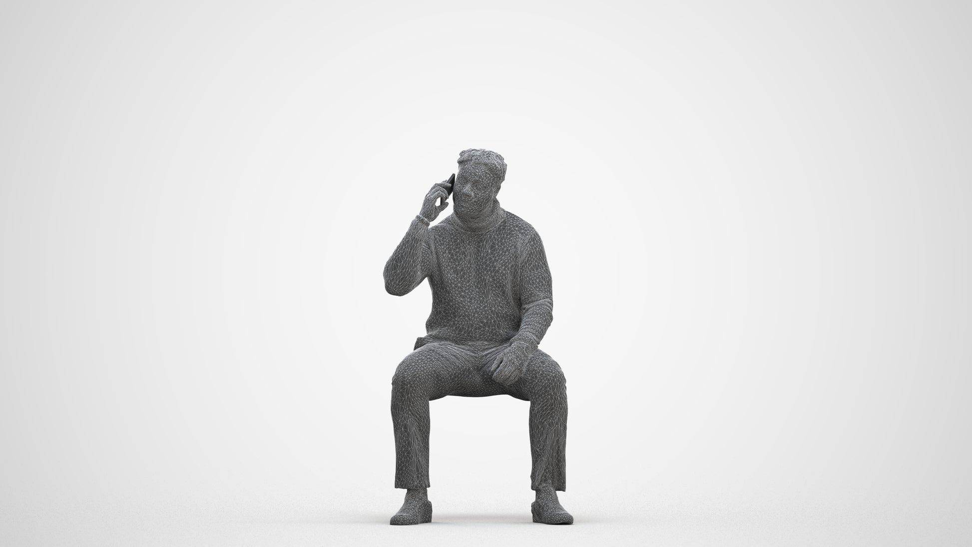 3D human model man casual sitting, photogrammetry scanned person for archviz, three-quarter front view render