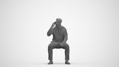 3D human model man casual sitting, photogrammetry scanned person for archviz, three-quarter front view render