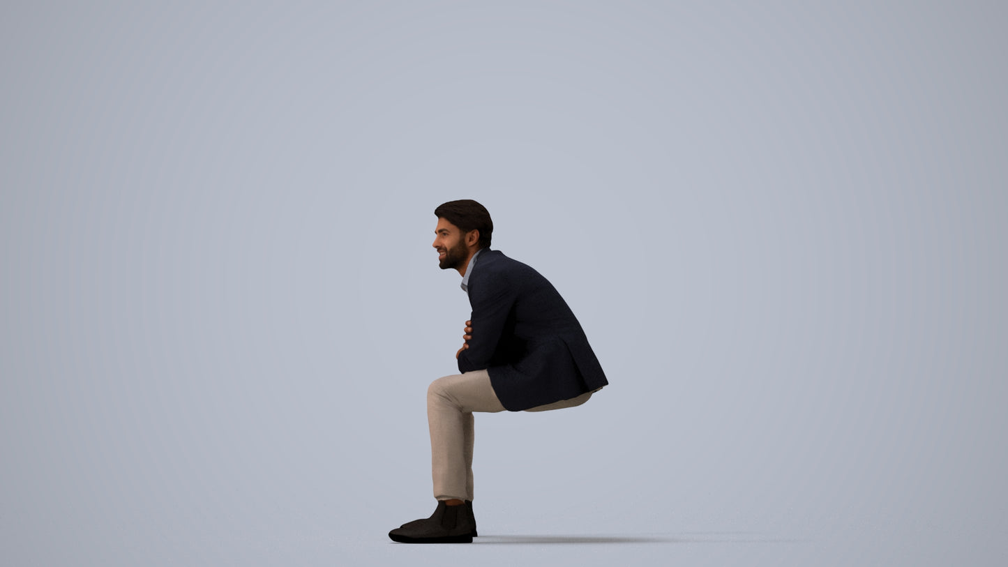 3D human model man business, photogrammetry scanned person for archviz, three-quarter view render