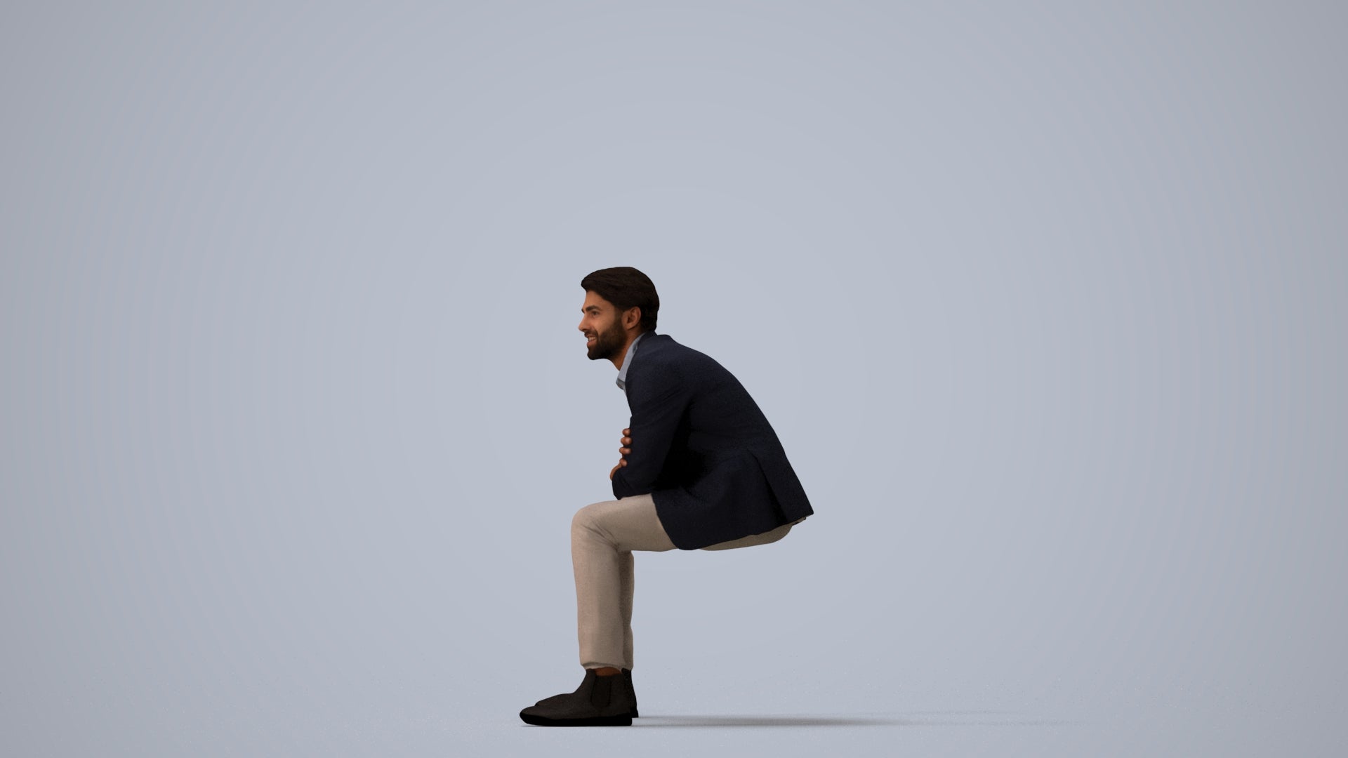 3D human model man business, photogrammetry scanned person for archviz, three-quarter view render
